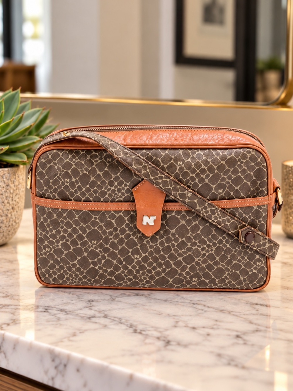 NINA RICCI VINTAGE MONOGRAM LEATHER SHOULDER BAG BROWN